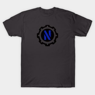 Blue Letter N in a Black Industrial Cog T-Shirt